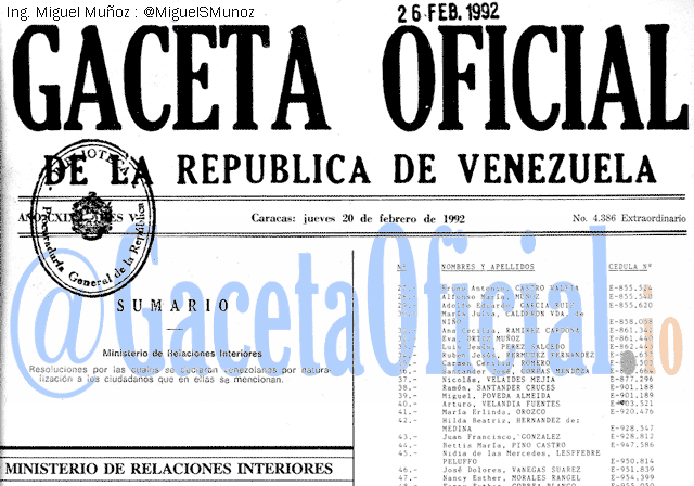 Gaceta Oficial 4386 del 20 Febrero 1992