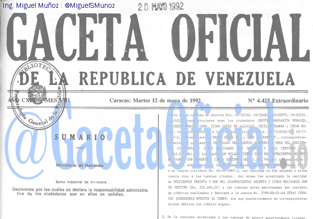 Gaceta Oficial 4425 del 12 Mayo 1992