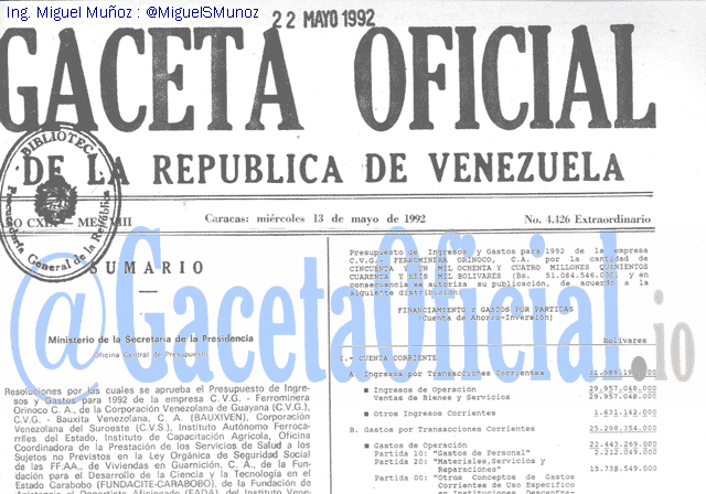 Gaceta Oficial 4426 del 13 Mayo 1992