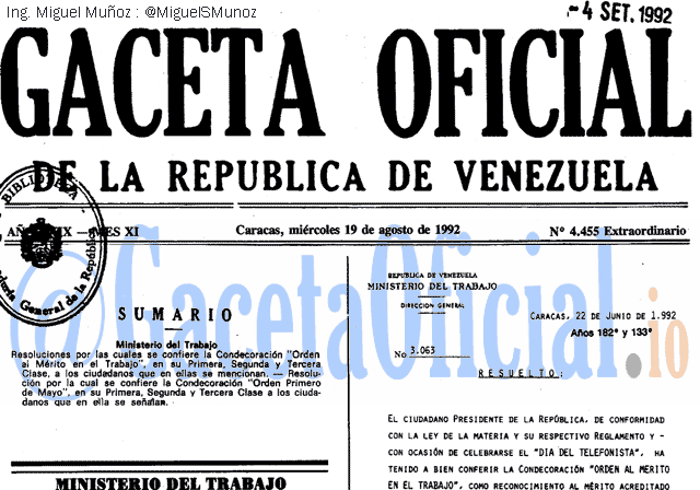 Gaceta Oficial 4455 del 19 Agosto 1992