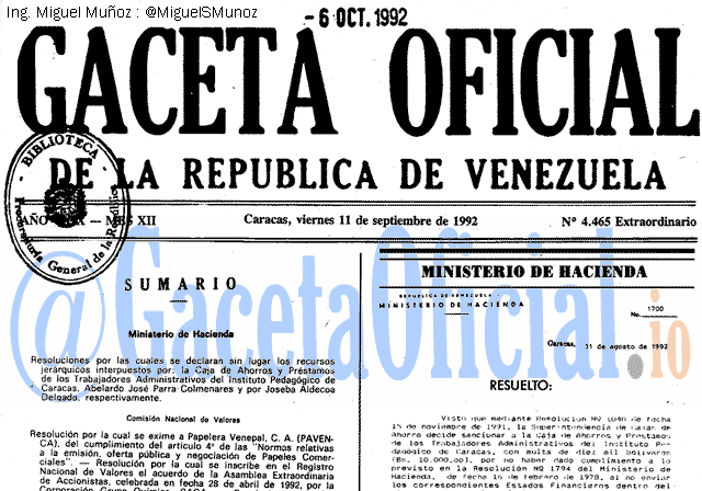 Gaceta Oficial 4465 del 11 Septiembre 1992