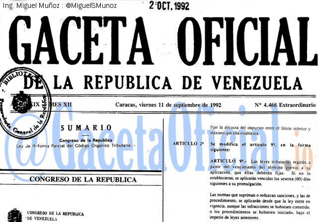 Gaceta Oficial 4466 del 11 Septiembre 1992