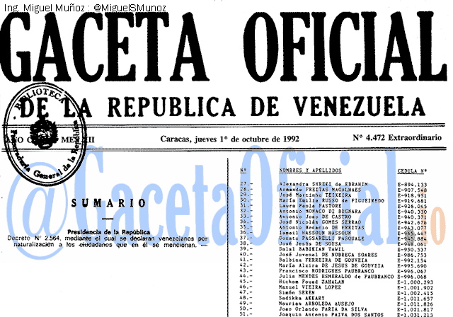 Gaceta Oficial 4472 del 1 Octubre 1992