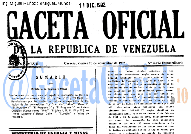 Gaceta Oficial 4492 del 20 Noviembre 1992