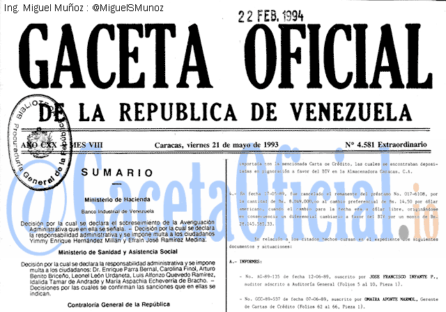 Gaceta Oficial 4581 del 21 Mayo 1993