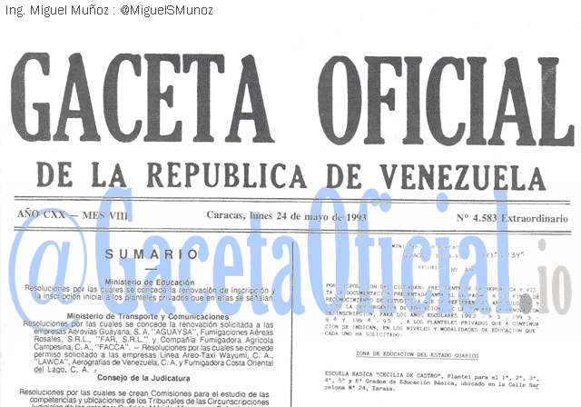 Gaceta Oficial 4583 del 24 Mayo 1993