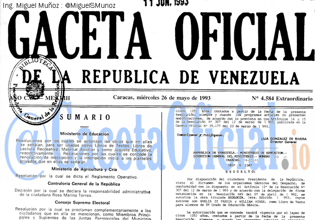 Gaceta Oficial 4584 del 26 Mayo 1993