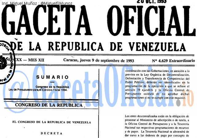 Gaceta Oficial 4629 del 9 Septiembre 1993