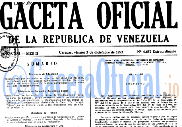 Gaceta Oficial 4651 del 3 Diciembre 1993