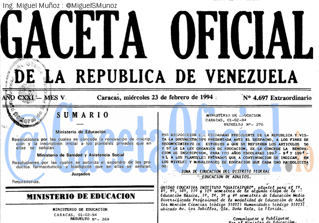 Gaceta Oficial 4697 del 23 Febrero 1994