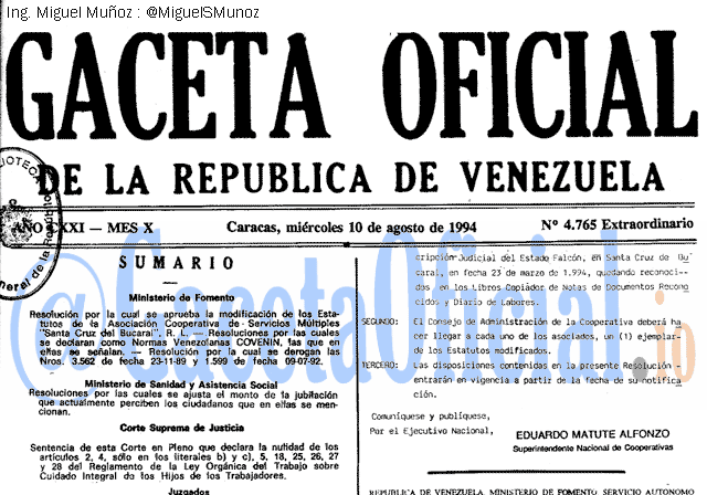 Gaceta Oficial 4765 del 10 Agosto 1994