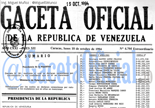 Gaceta Oficial 4795 del 10 Octubre 1994