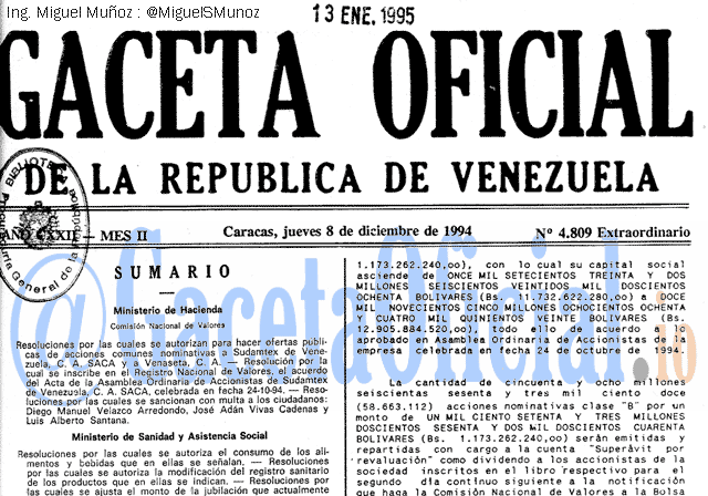 Gaceta Oficial 4809 del 8 Diciembre 1994