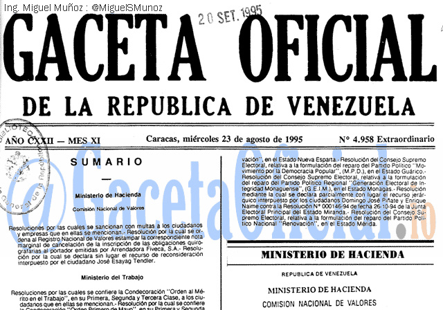 Gaceta Oficial 4958 del 23 Agosto 1995
