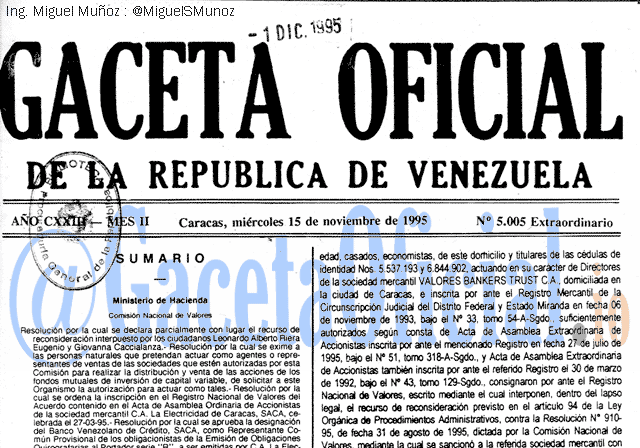 Gaceta Oficial 5005 del 15 Noviembre 1995