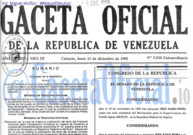 Gaceta Oficial 5016 del 11 Diciembre 1995