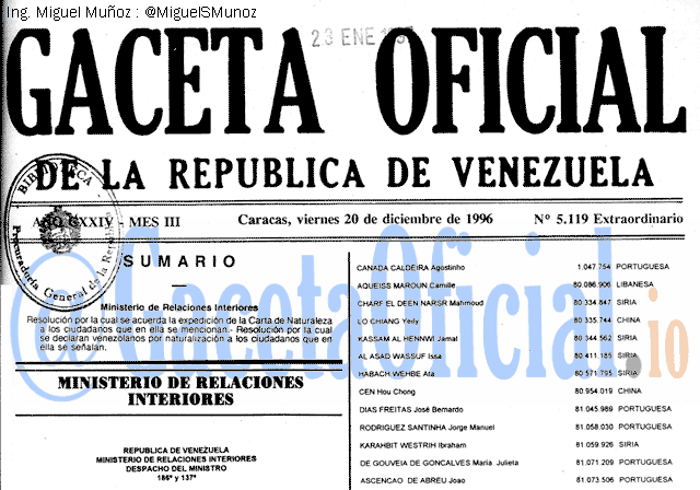 Gaceta Oficial 5119 del 20 Diciembre 1996