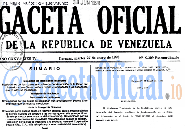 Gaceta Oficial 5209 del 27 Enero 1998