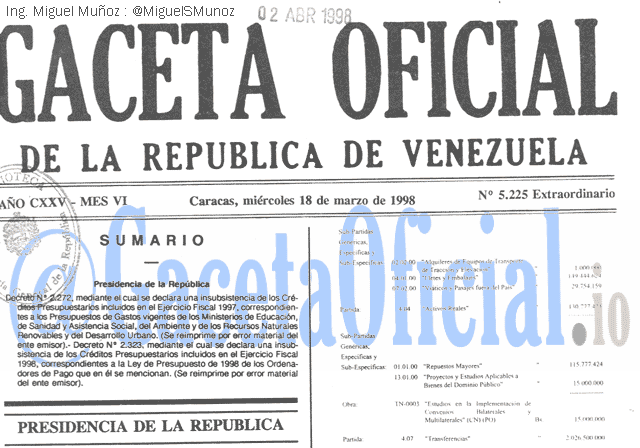 Gaceta Oficial 5225 del 18 Marzo 1998