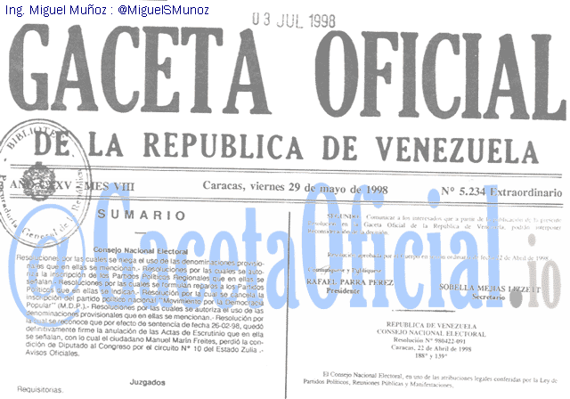 Gaceta Oficial 5234 del 29 Mayo 1998