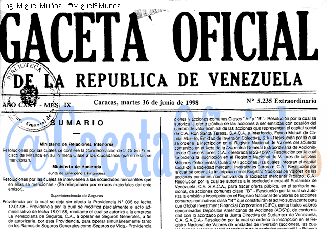 Gaceta Oficial 5235 del 16 Junio 1998