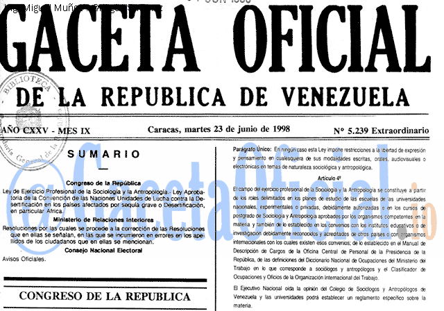 Gaceta Oficial 5239 del 23 Junio 1998