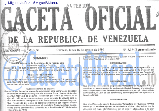 Gaceta Oficial 5374 del 16 Agosto 1999