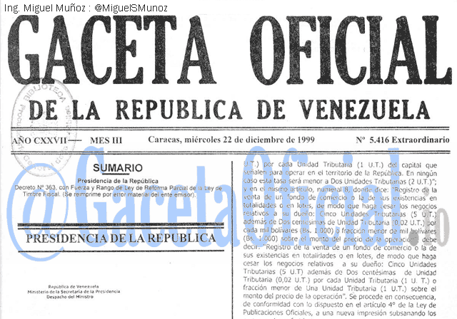 Gaceta Oficial 5416 del 22 Diciembre 1999