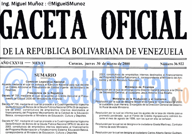 Gaceta Oficial 36922 del 30 Marzo 2000