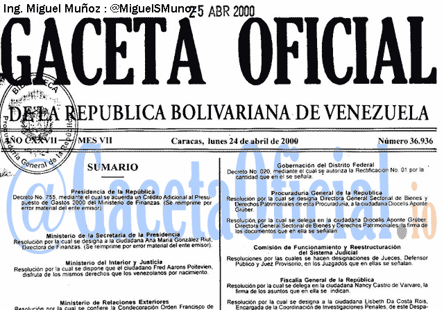Gaceta Oficial 36936 del 24 Abril 2000