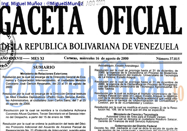 Gaceta Oficial 37015 del 16 Agosto 2000