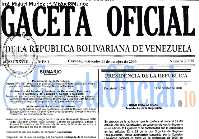 Gaceta Oficial 37055 del 11 Octubre 2000