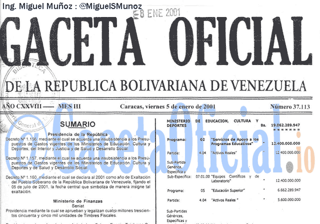 Gaceta Oficial 37113 del 5 Enero 2001