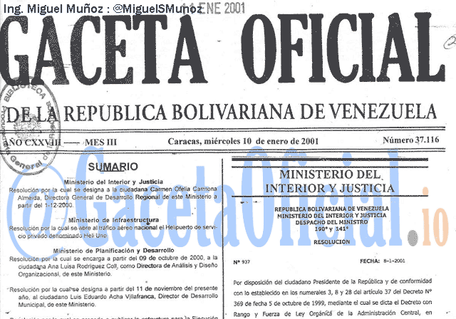 Gaceta Oficial 37116 del 10 Enero 2001