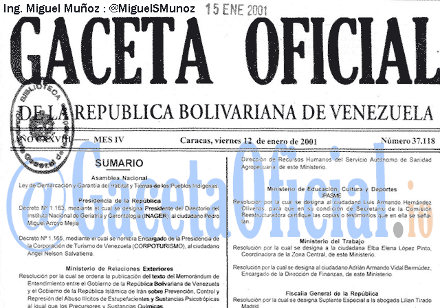 Gaceta Oficial 37118 del 12 Enero 2001
