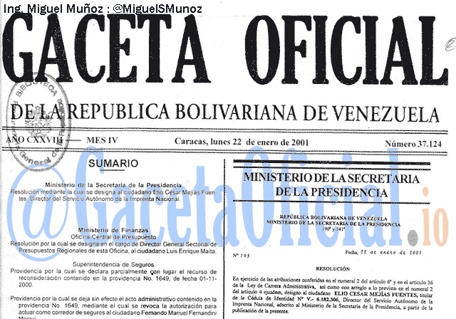 Gaceta Oficial 37124 del 22 Enero 2001