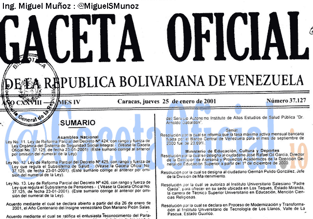 Gaceta Oficial 37127 del 25 Enero 2001