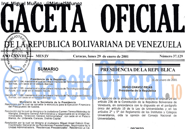 Gaceta Oficial 37129 del 29 Enero 2001