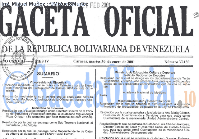 Gaceta Oficial 37130 del 30 Enero 2001