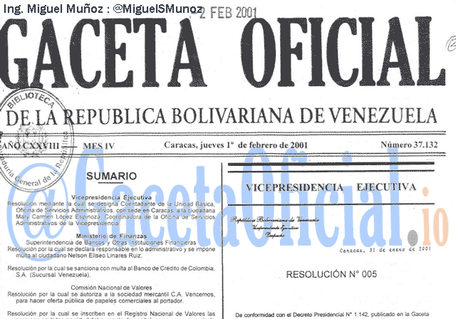 Gaceta Oficial 37132 del 1 Febrero 2001