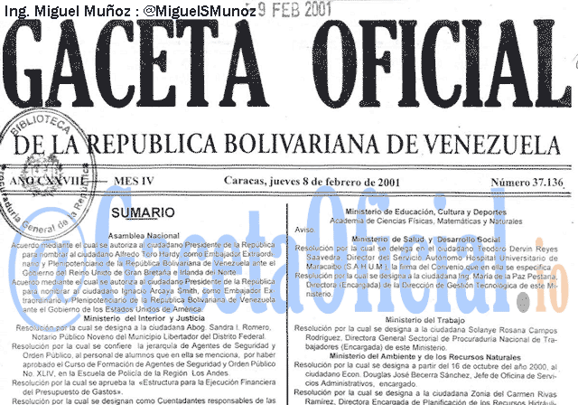 Gaceta Oficial 37136 del 8 Febrero 2001