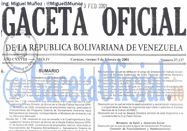 Gaceta Oficial 37137 del 9 Febrero 2001