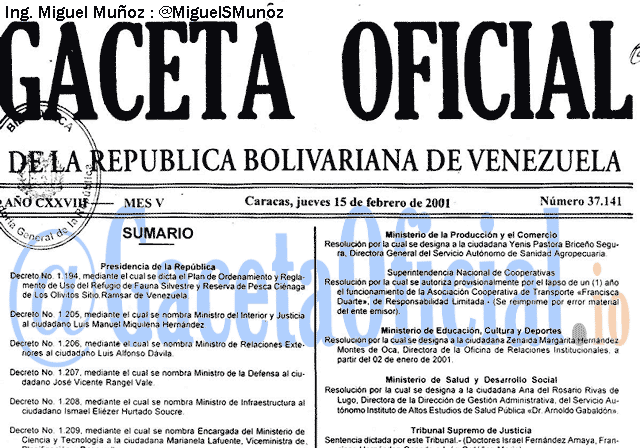 Gaceta Oficial 37141 del 15 Febrero 2001