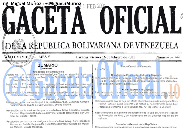 Gaceta Oficial 37142 del 16 Febrero 2001