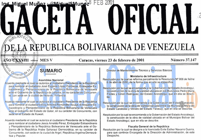 Gaceta Oficial 37147 del 23 Febrero 2001