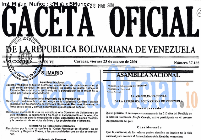 Gaceta Oficial 37165 del 23 Marzo 2001