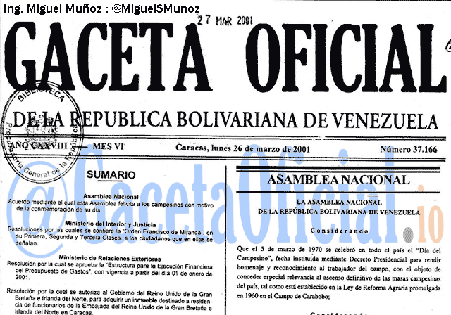 Gaceta Oficial 37166 del 26 Marzo 2001