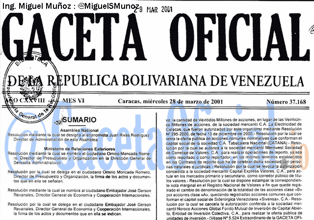 Gaceta Oficial 37168 del 28 Marzo 2001