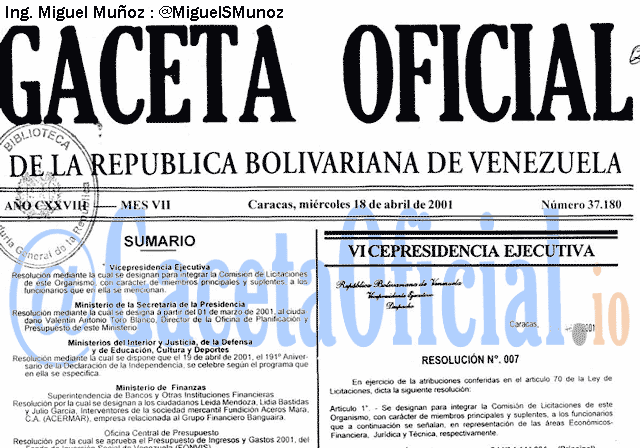 Gaceta Oficial 37180 del 18 Abril 2001