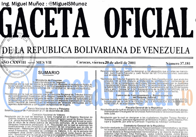 Gaceta Oficial 37181 del 20 Abril 2001